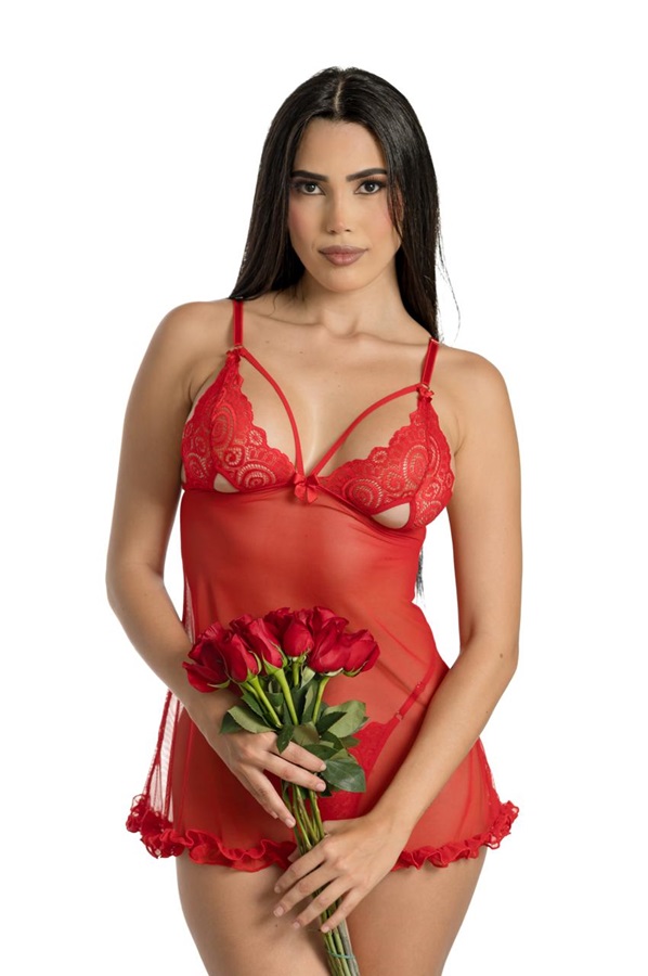 BD-15 1 Babydoll De Encaje Seductor Talla Unica Rojo. - Imagen 1
