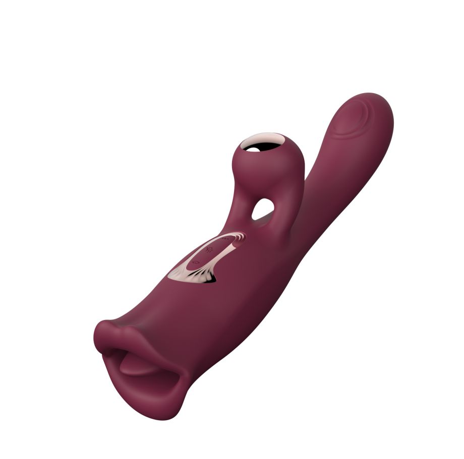 BIU-008 Vibrador Conejo Triple Estimulador con Movimiento Bocal - Rojo Purpura. - Imagen 1